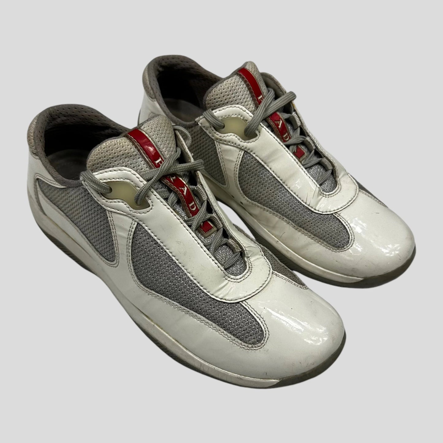 Prada Handbag Americas Cup & Grey Mesh Trainer - Patent White Gray