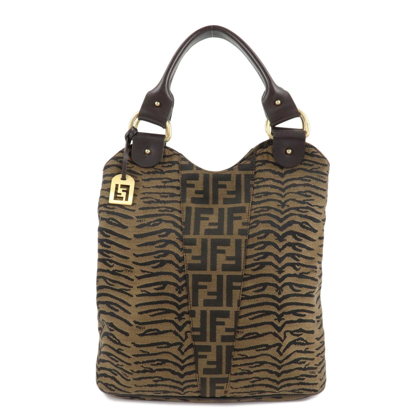 Fendi Tote Bag Zucca Hand Bag d Leather Canvas Black Brown Black D