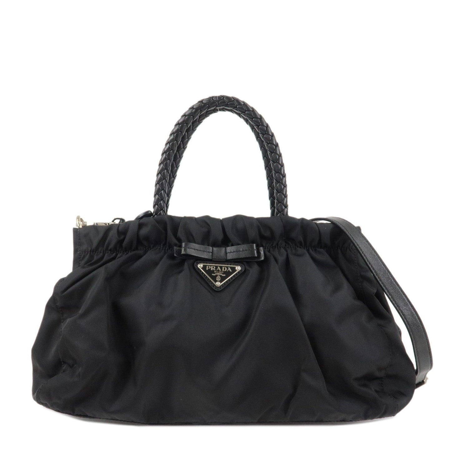 Prada Shoulder Bag Ribbon 2Way d 2 Leather Nylon Black