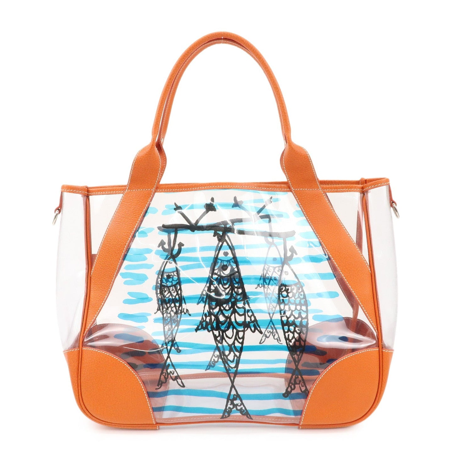 Prada Tote Bag PVC Fish Print Clear d Leather Orange
