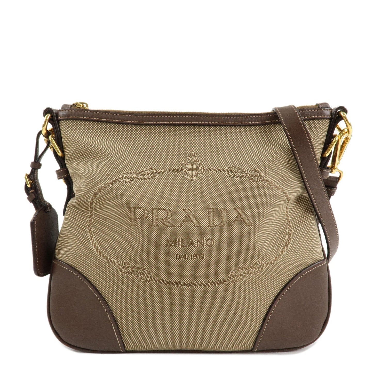 Prada Shoulder Bag Jacquard Purse d Leather Brown Beige