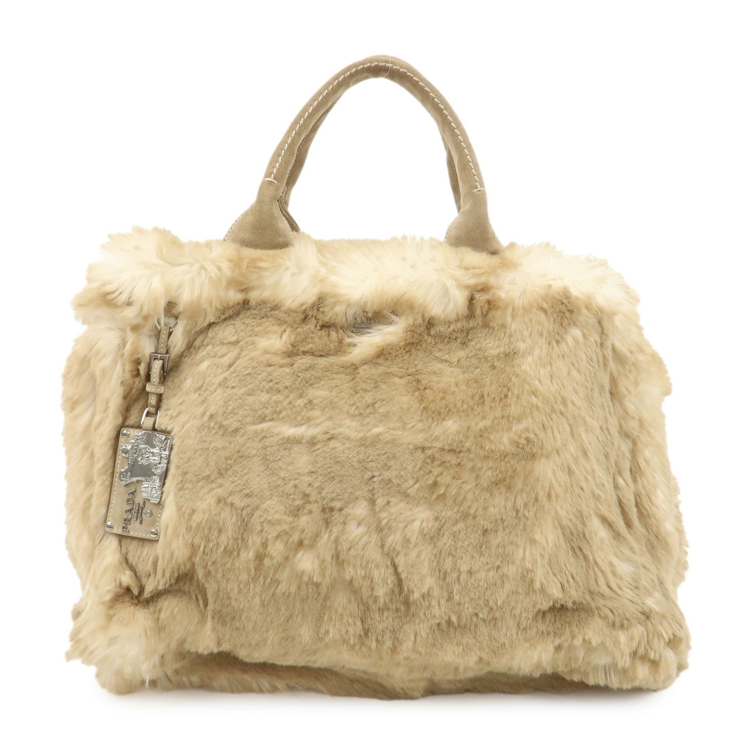 Prada Tote Bag Eco Lapin Fur Canapa d Suede Beige Large