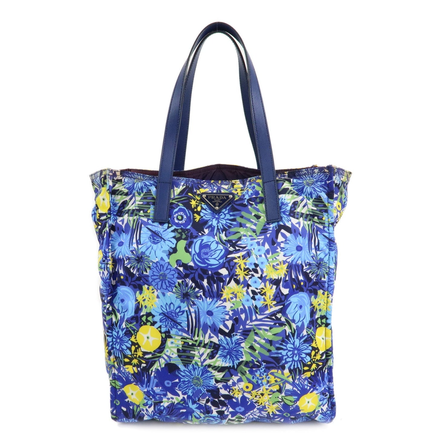 Prada Tote Bag Floral Print d Leather Nylon Blue