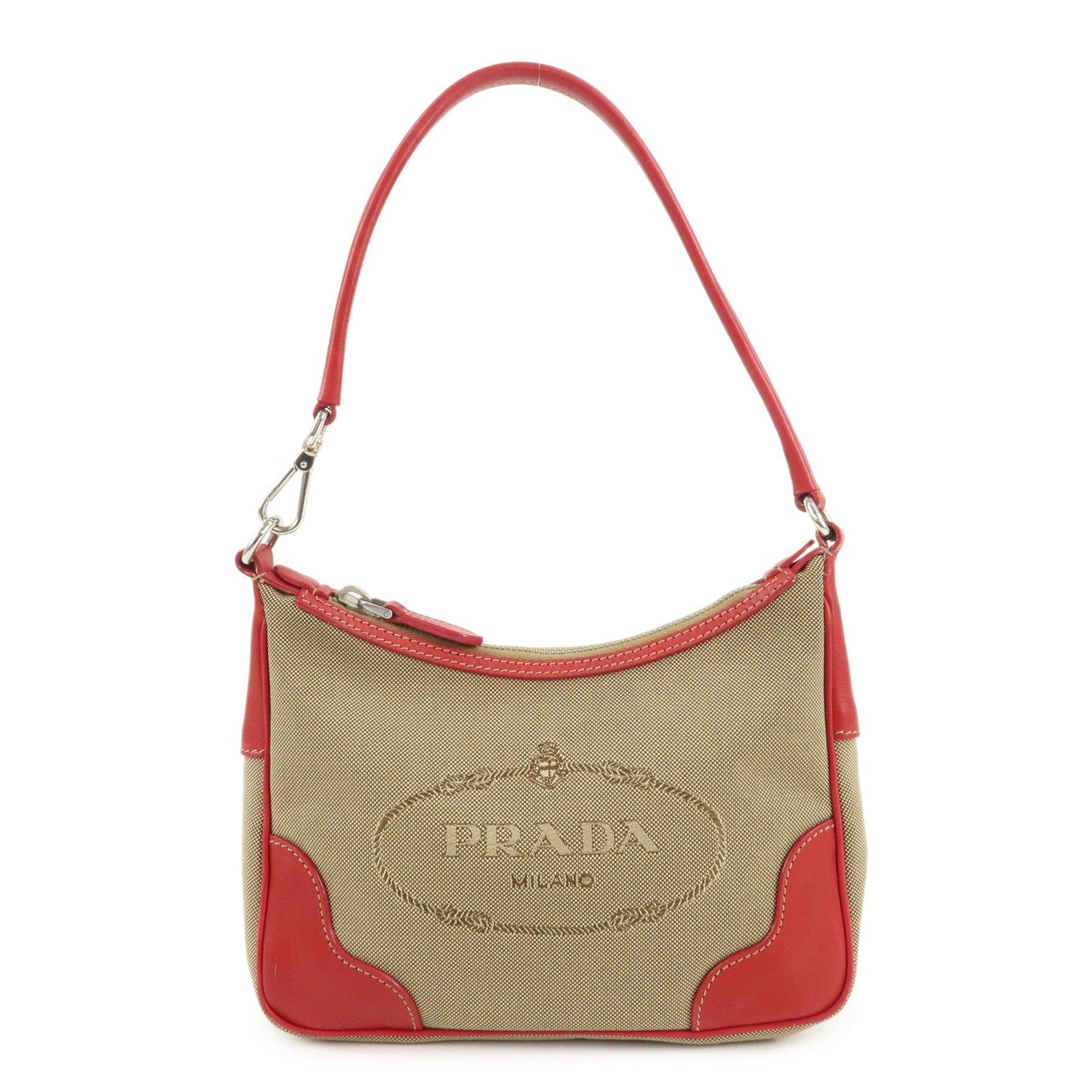 Prada Shoulder Bag Jacquard d Leather Beige Red