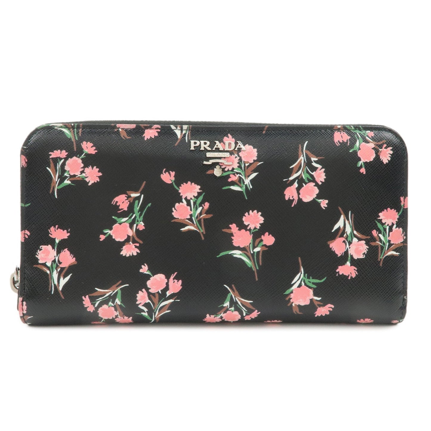 Prada Round Zipper Long Wallet Flower d Leather Black Logo Handbag