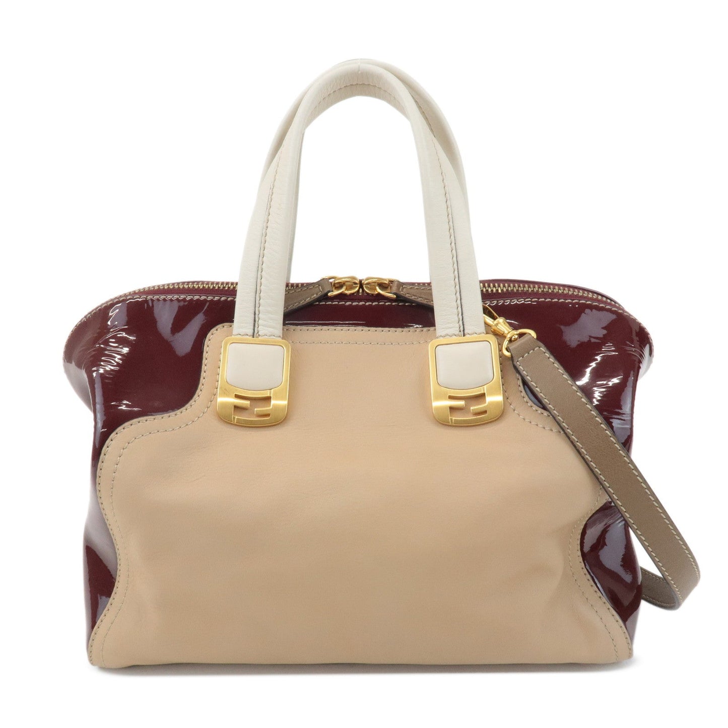 Fendi Chameleon Bag Hand Bag Bordeaux d Leather Beige Handbag