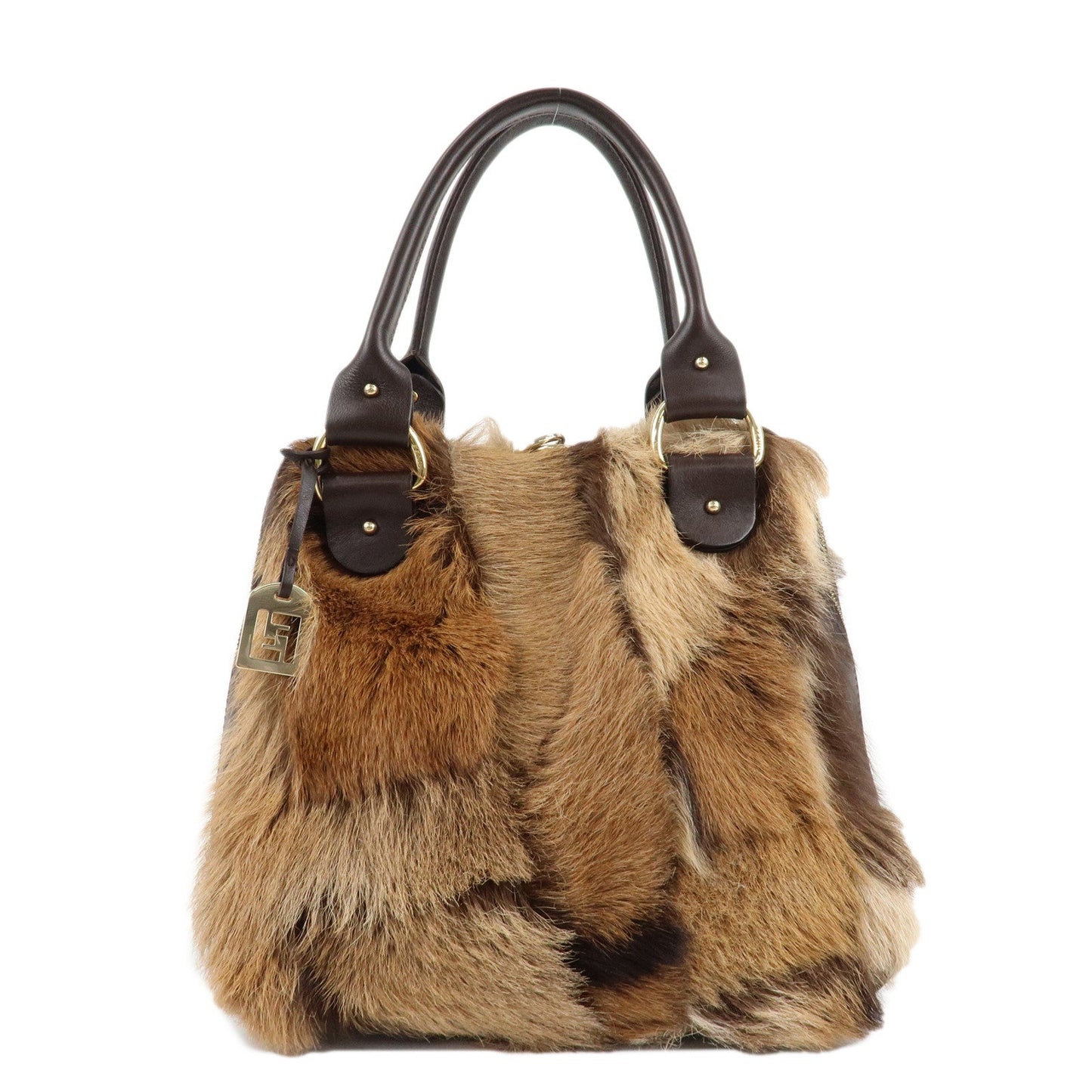 Fendi Tote Bag Fur Hand Bag Shoulder Bag d Leather Brown
