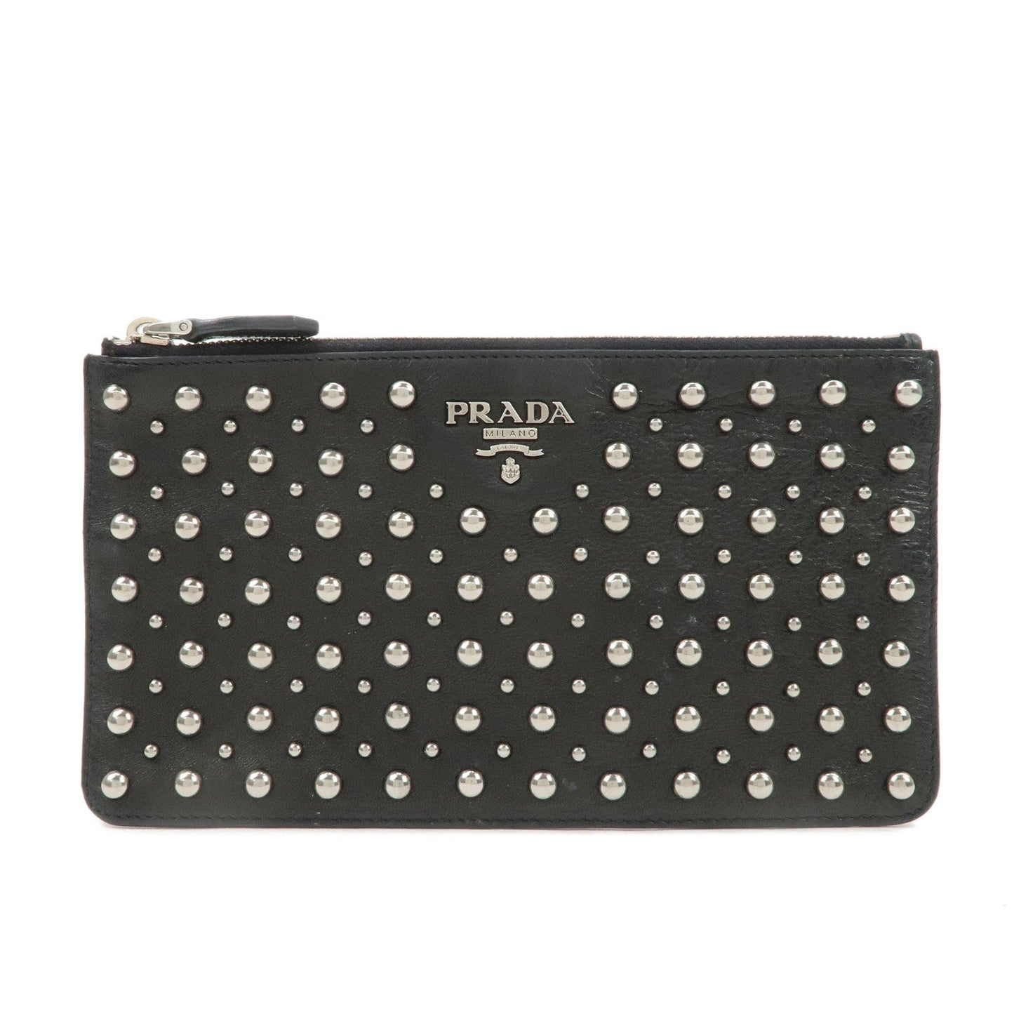 Prada Pouch Studs d Leather Black Handbag