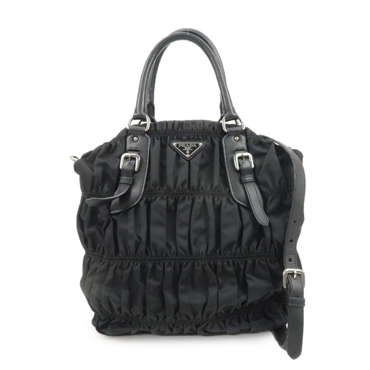 Prada Shoulder Bag Gathered d Leather Nylon Black