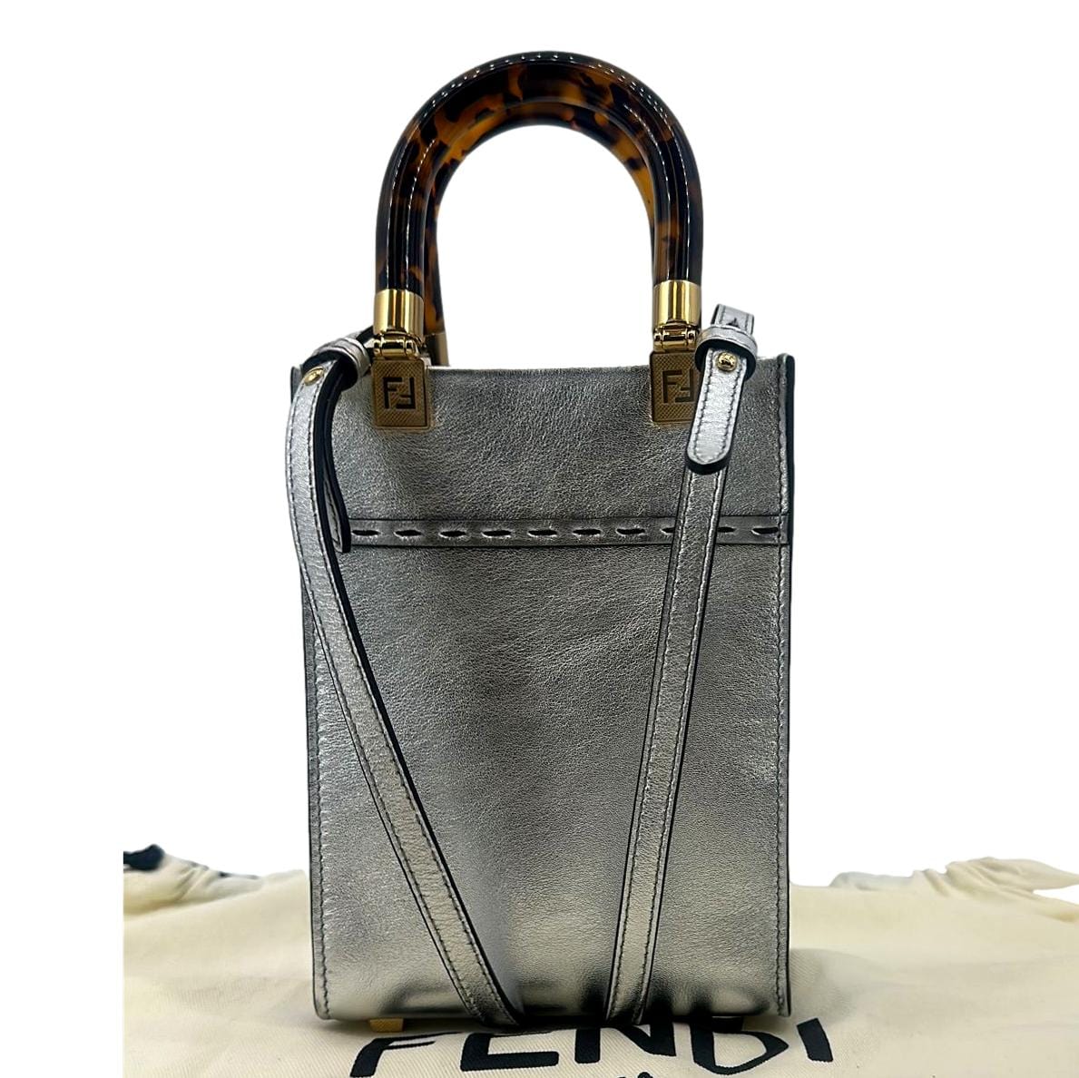 Fendi Sunshine Plexiglass Laminated Shopper Tote Crossbody Bag Leather Silver