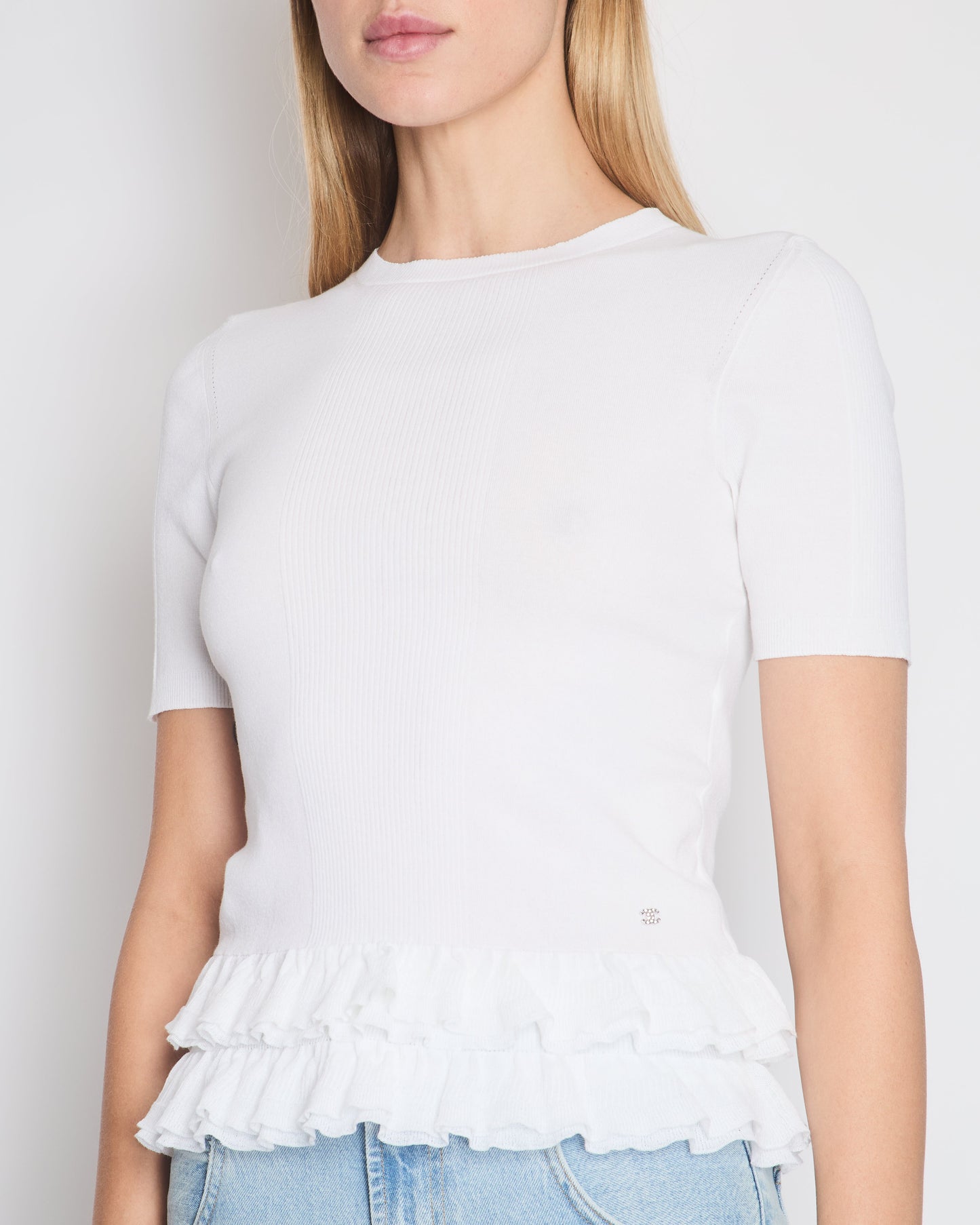 Chanel White Short Sleeve Knit Top With Pleated Frilled Hem With Crystal Cc Logo Detail Size Fr 34 (Uk 6) Bag