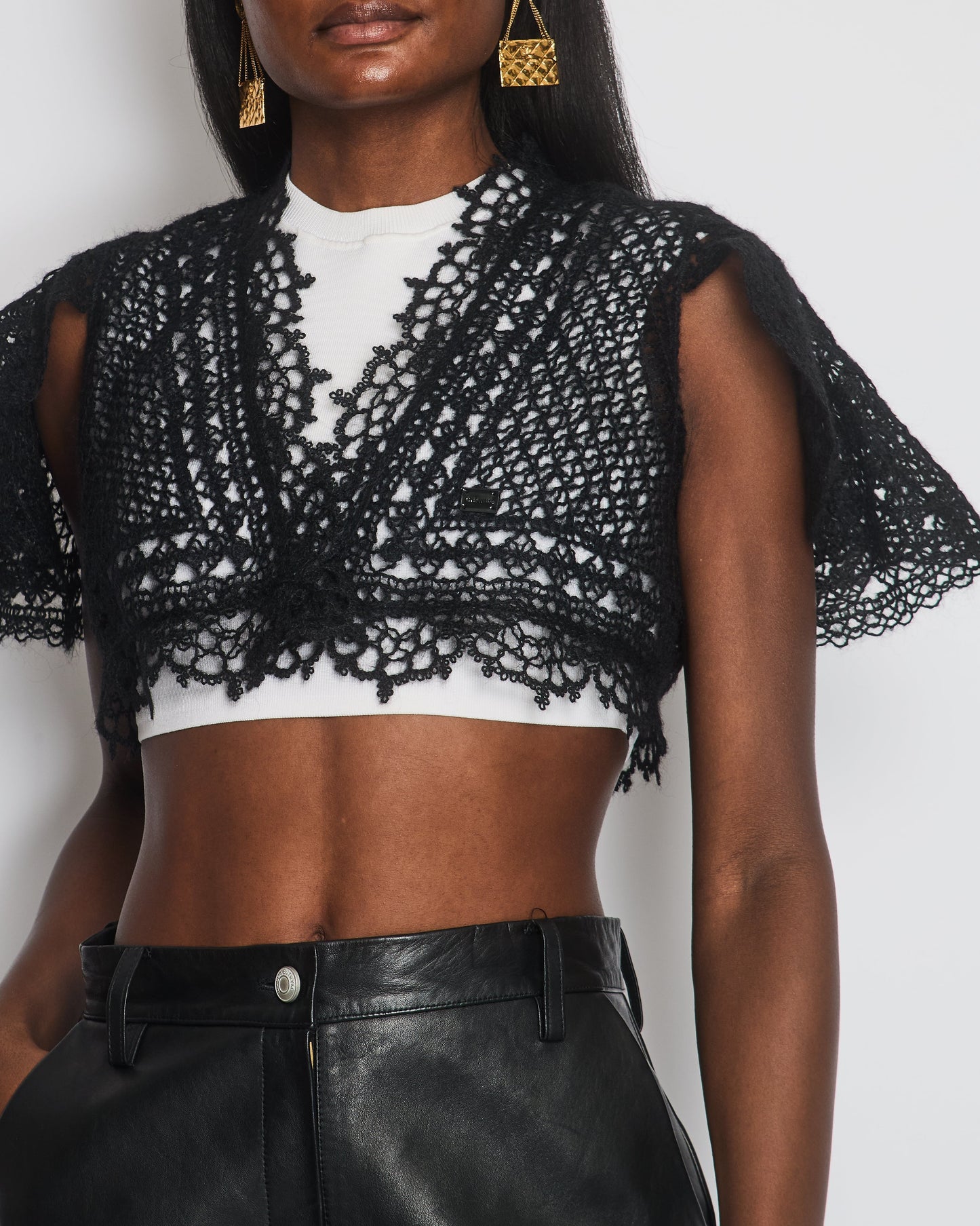 Chanel Black Crochet Knit Cardigan With Shoulder Sleeves Detail Size Fr 34-36 (Uk 6-8)
