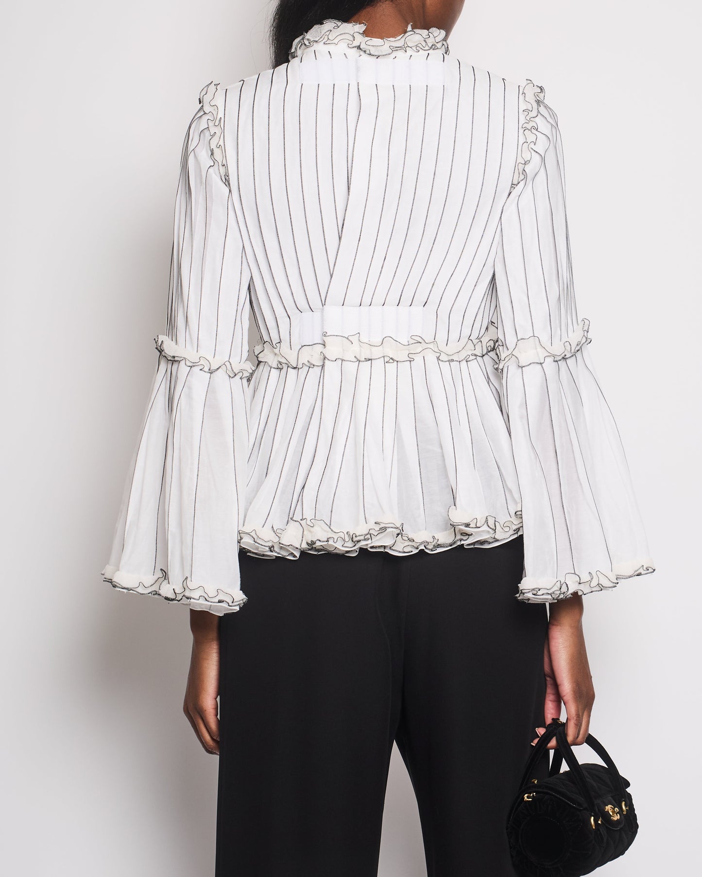 Chanel Spring 2017 White Silk Striped Ruffle Long-Sleeve Top Velcro Back Detail Size FR 36 (UK 8)