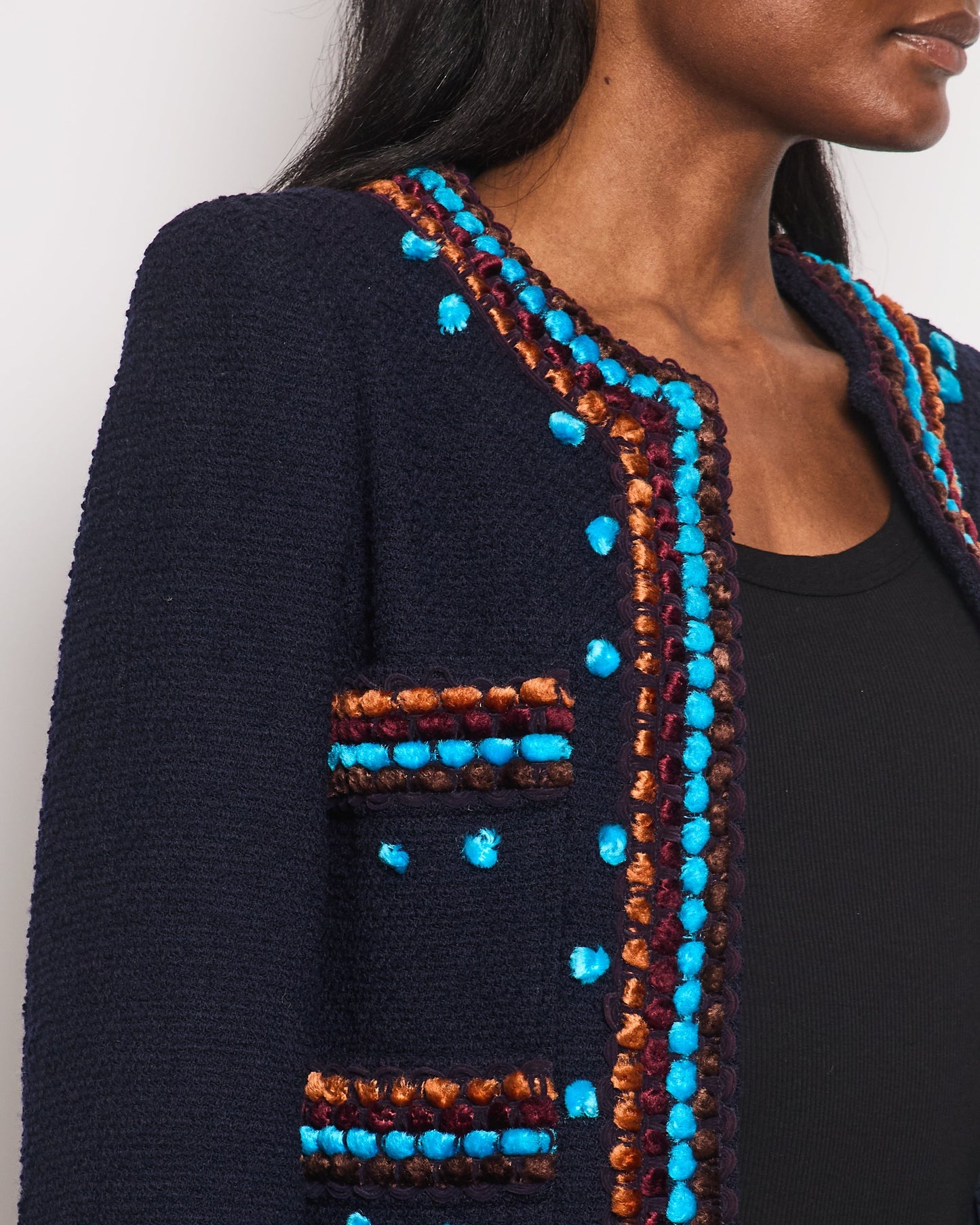 Chanel for Bergdorf Goodman AW/97 Navy Boucle Cropped Jacket with Matching Tro rs Size FR 36 (UK 8)