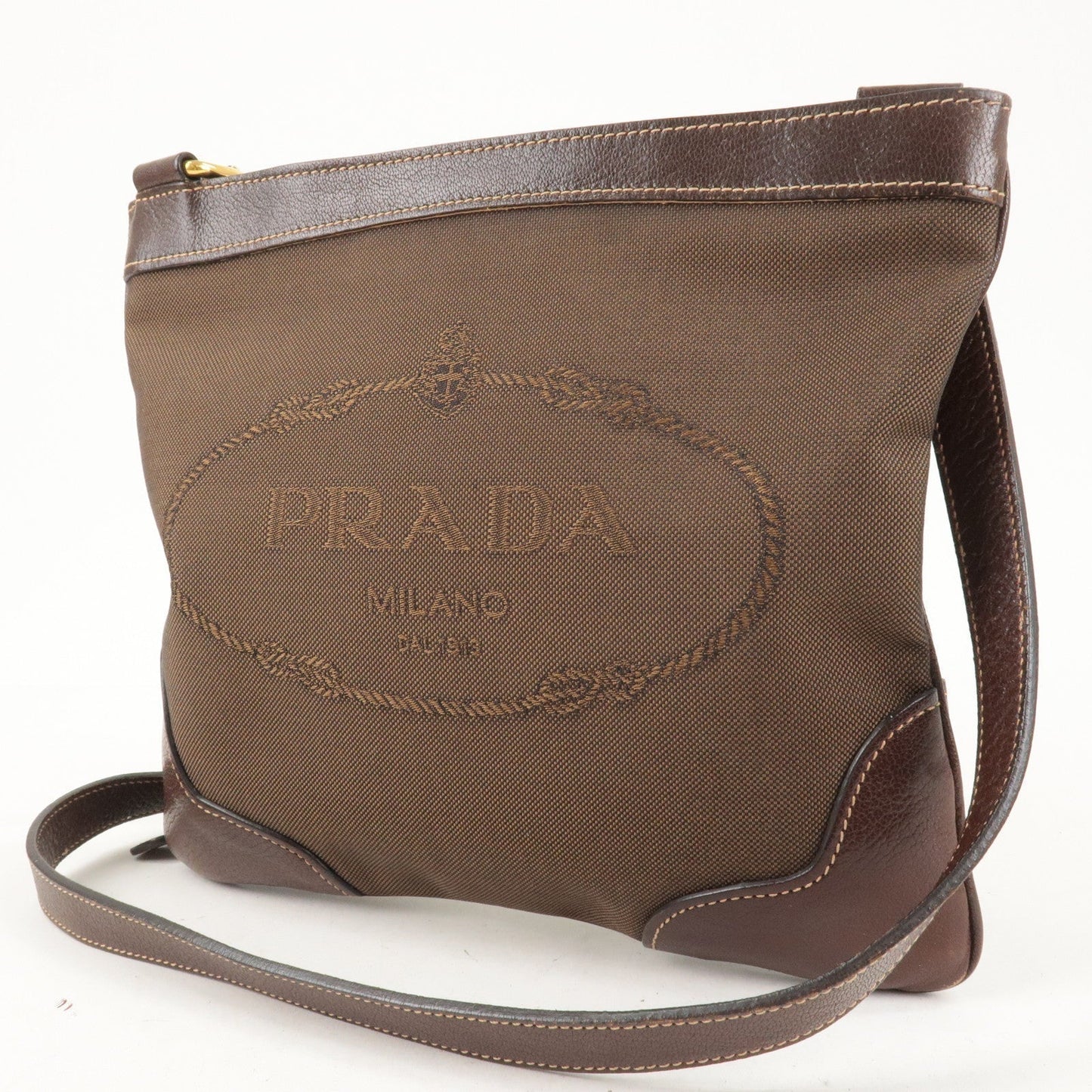 Prada Prada Logo Jacquard Canvas Leather Shoulder Bag Brown