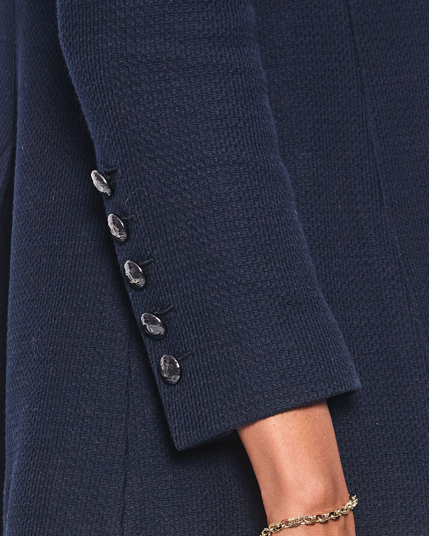 Chanel Spring 2014 Navy Tweed Long-Sleeve Double Collared Jacket with CC Buttons Size FR 34 (UK 6)