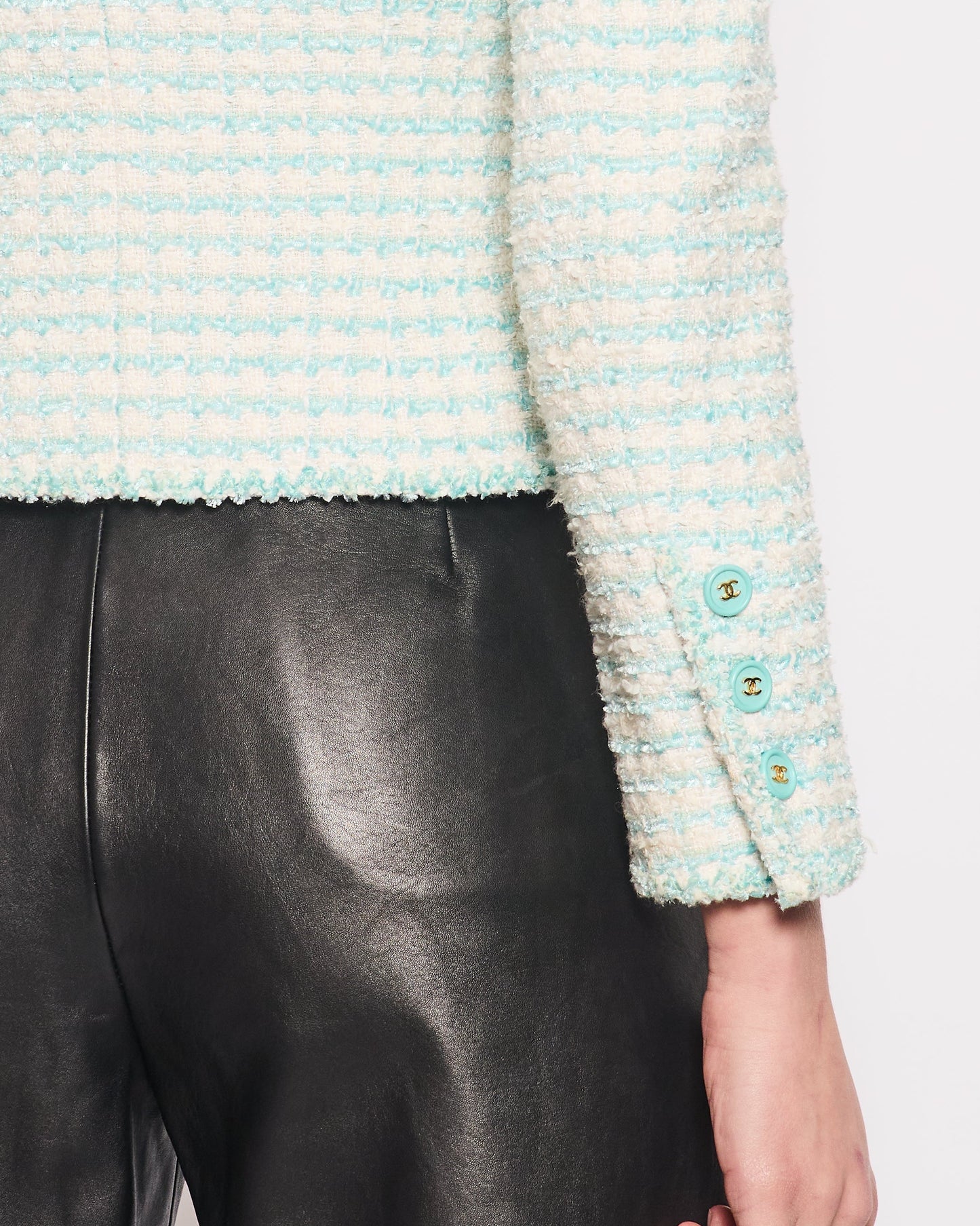 Chanel 97P Light Blue & White Stripe Tweed Short Blazer with Blue & Gold CC Button Detail Size FR 38 (UK 10)