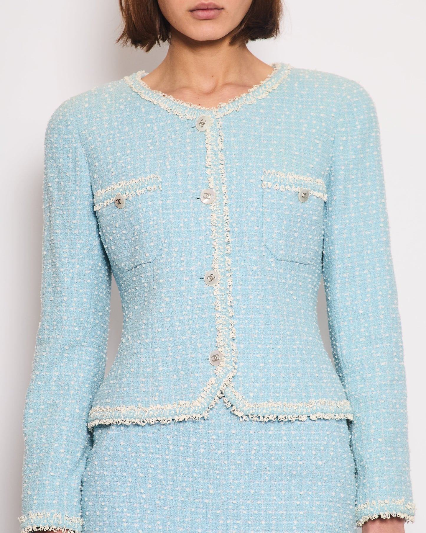 Chanel 97P Baby Blue & White Tweed Blazer and Mini Skirt Set with White Pearl CC Button Detail Size FR 40 (UK 12)