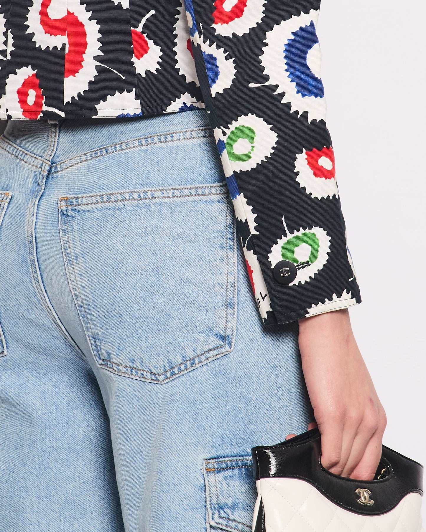 Chanel 97S Black Cropped Cotton Twill Jacket With Multi-Colour Abstract Print Detail FR 42 (UK 14)