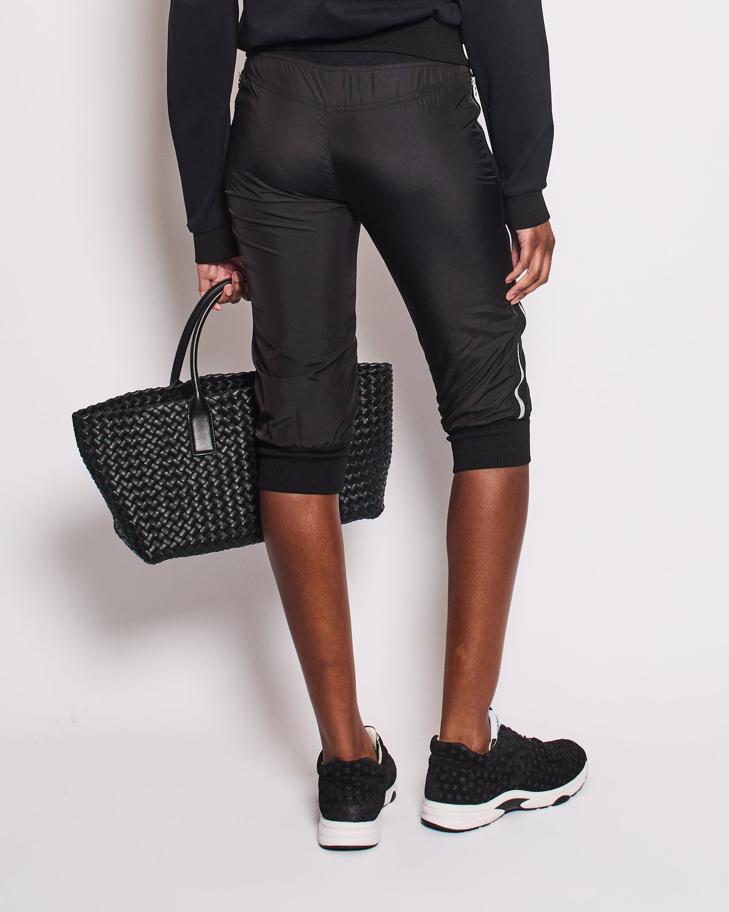 Chanel Black Nylon 3/4 Length Tro Rs With Cuffed Leg Details And Silver Side Trims Size Fr 34 (Uk 6) Bag
