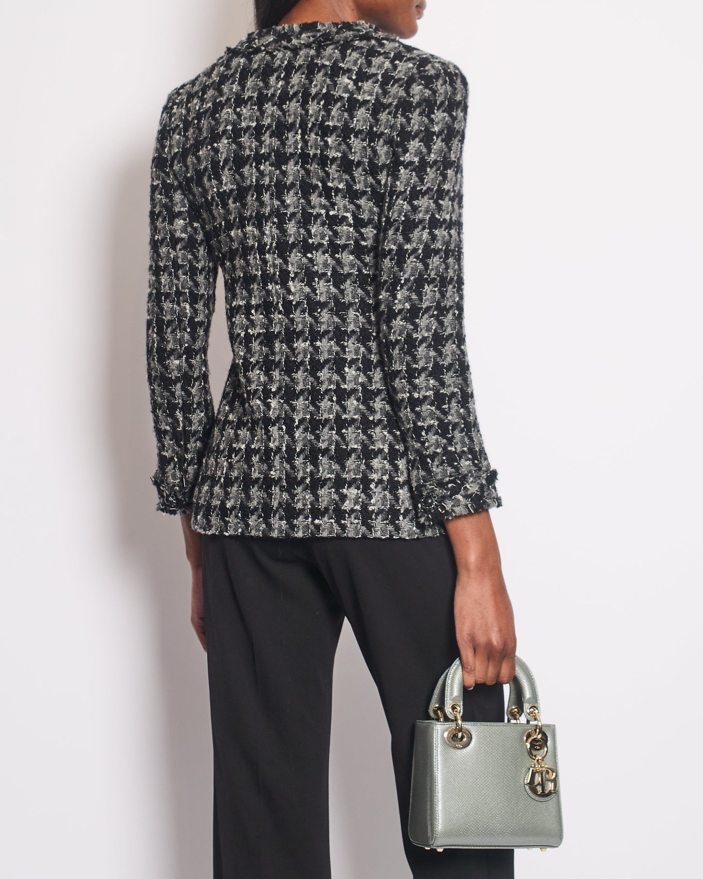 Chanel Black, Grey Tweed Large Houndstooth Jacket with Front Pockets and Black Leather Button Details, Size FR 38 (UK 10)