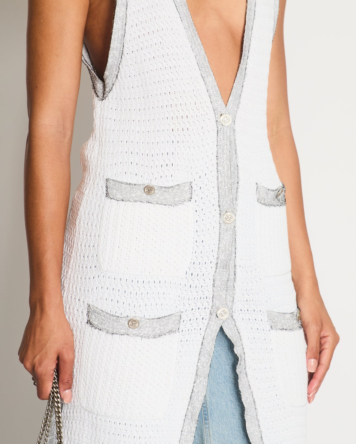 Chanel White Long Line Button Down Vest With Pocket Detail Fr 38 (Uk 10) Bag