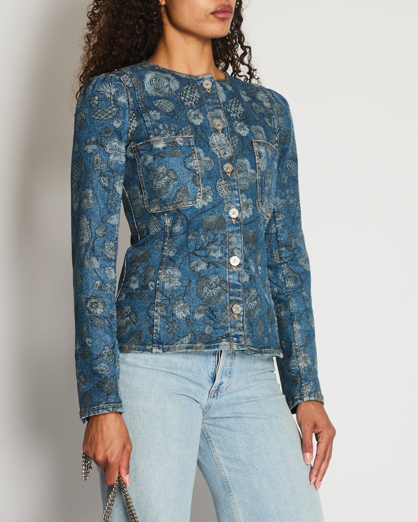 Chanel 21/A Flower Printed Denim Jacket with Silver CC Button Details Size FR 38 (UK 10)