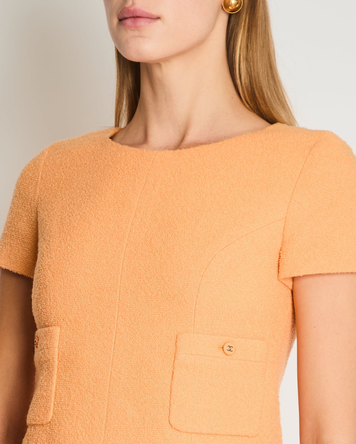 Chanel Apricot Orange Tweed Short-Sleeve Mini Dress with CC Buttons Detail Size FR 38 (UK 10)