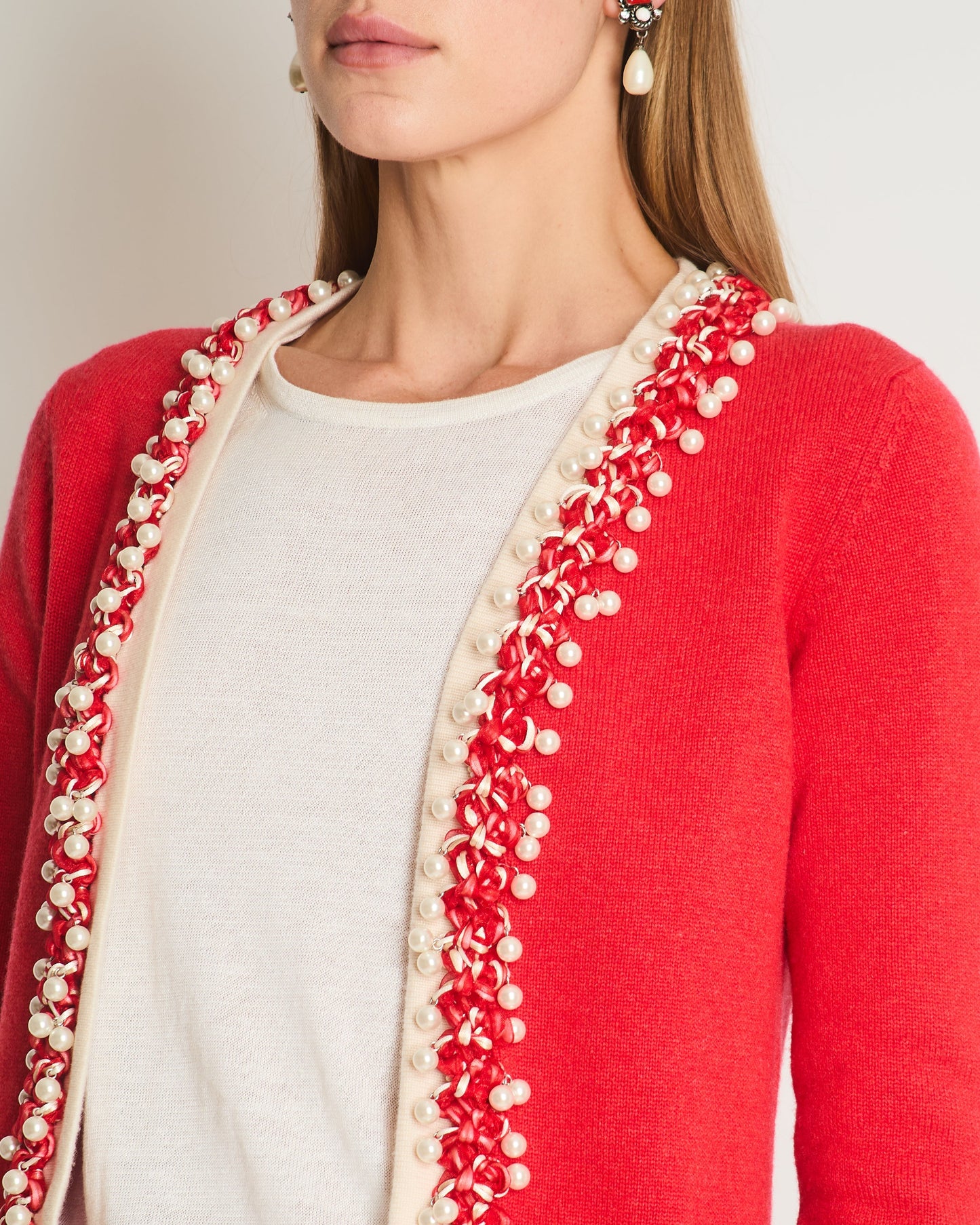 Chanel 10P Red Knitted Long Sleeve Cardigan With Pearls & Cream Braided Trim Details Fr 36 (Uk 8) Bag