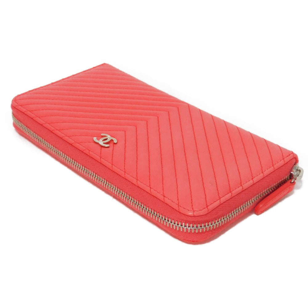 CHANEL Long Wallet Purse A50097 lambskin Coral pink COCO Mark Chevron Long Zip Wallet Women