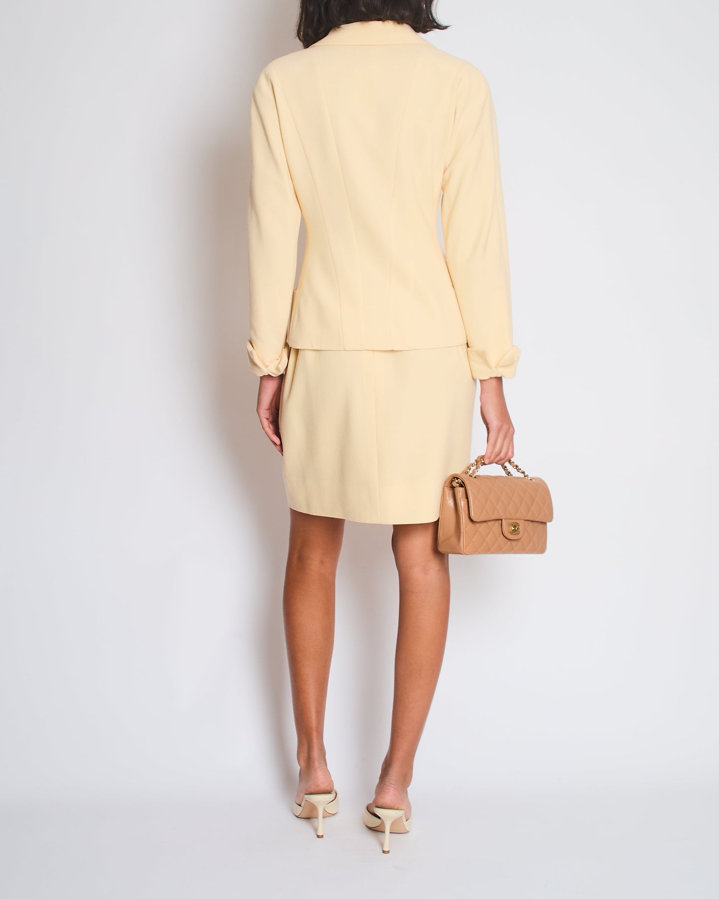 Chanel Cream Double Breasted Wool Blazer Jacket and Skirt Set with Gold CC Logo Button Detail FR 36 (UK 8)