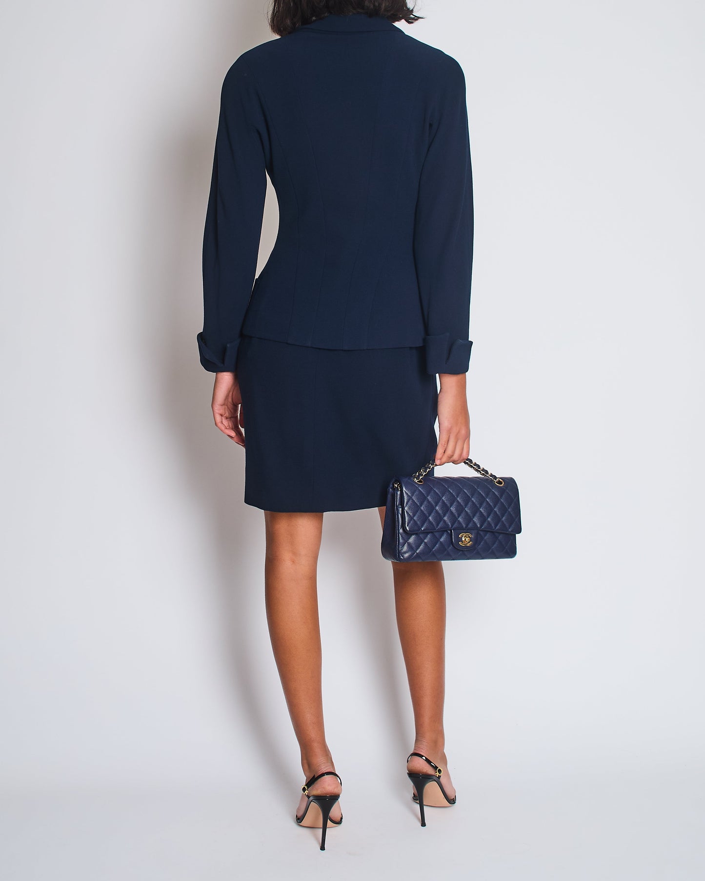 Chanel Navy Double Breasted Wool Blazer Jacket and Skirt Set with Gold CC Logo Button Detail FR 38 (UK 10)