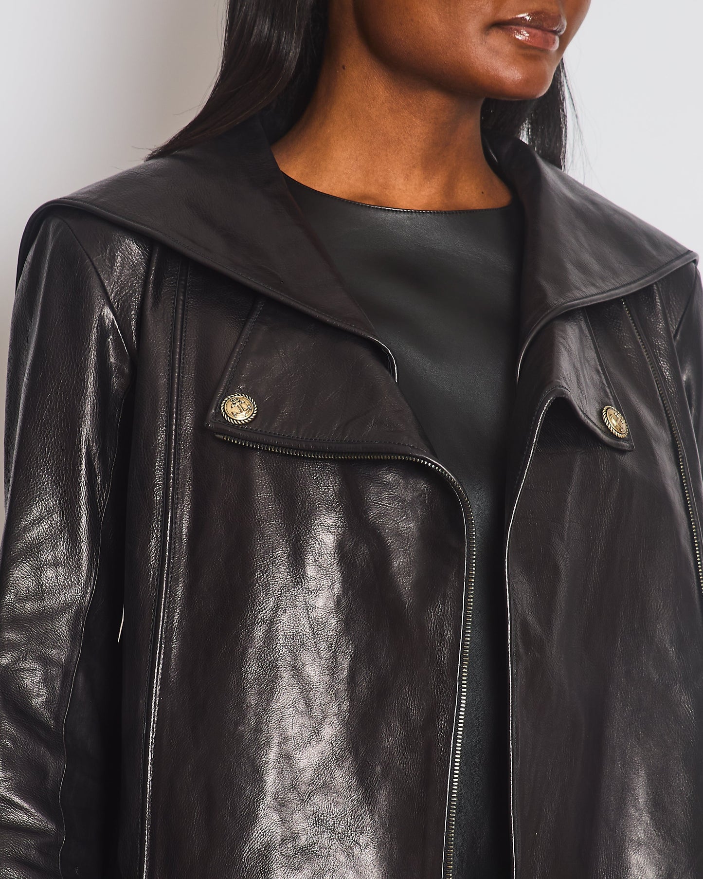 Chanel Black Double Breasted Leather Jacket with CC Button Detail Size FR 38 (UK 10)