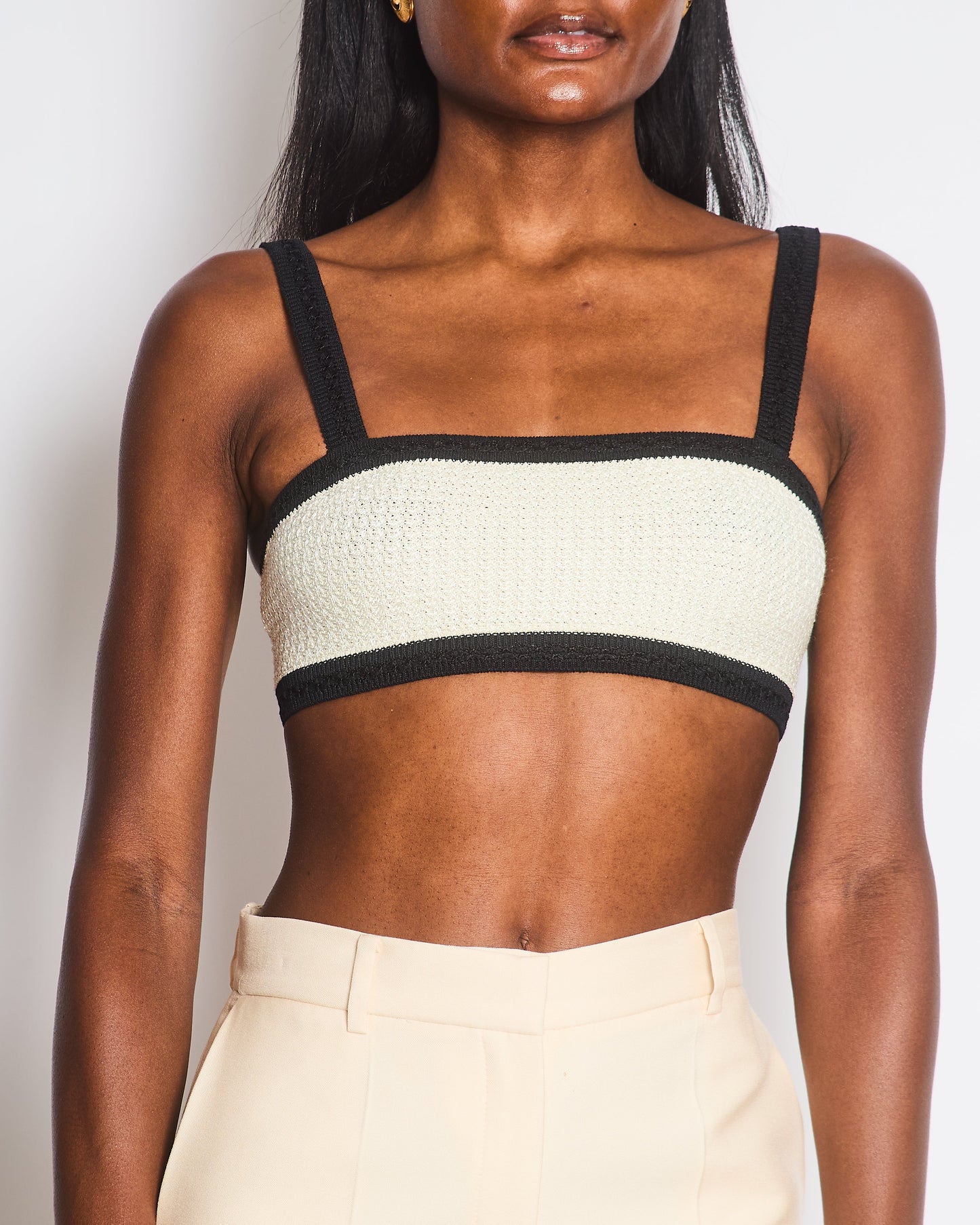 Chanel 24P Cream Black Tweed Bralette Top With Black Cc Buttons Detail Size Fr 34 (Uk 6) Bag