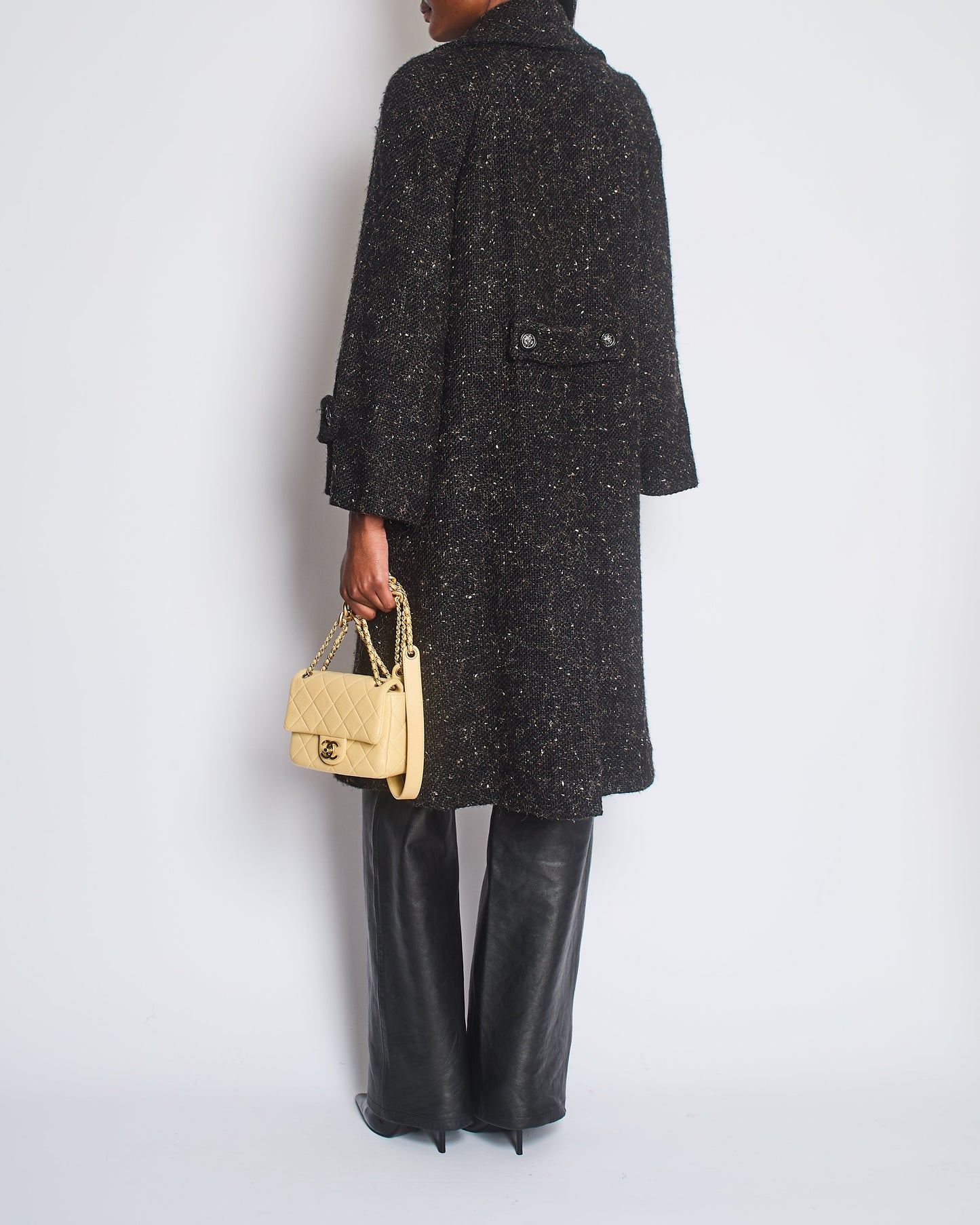 Chanel Black Wool Long Coat With Silver Lion Buttons Detail Size Fr 36 (uk 8)
