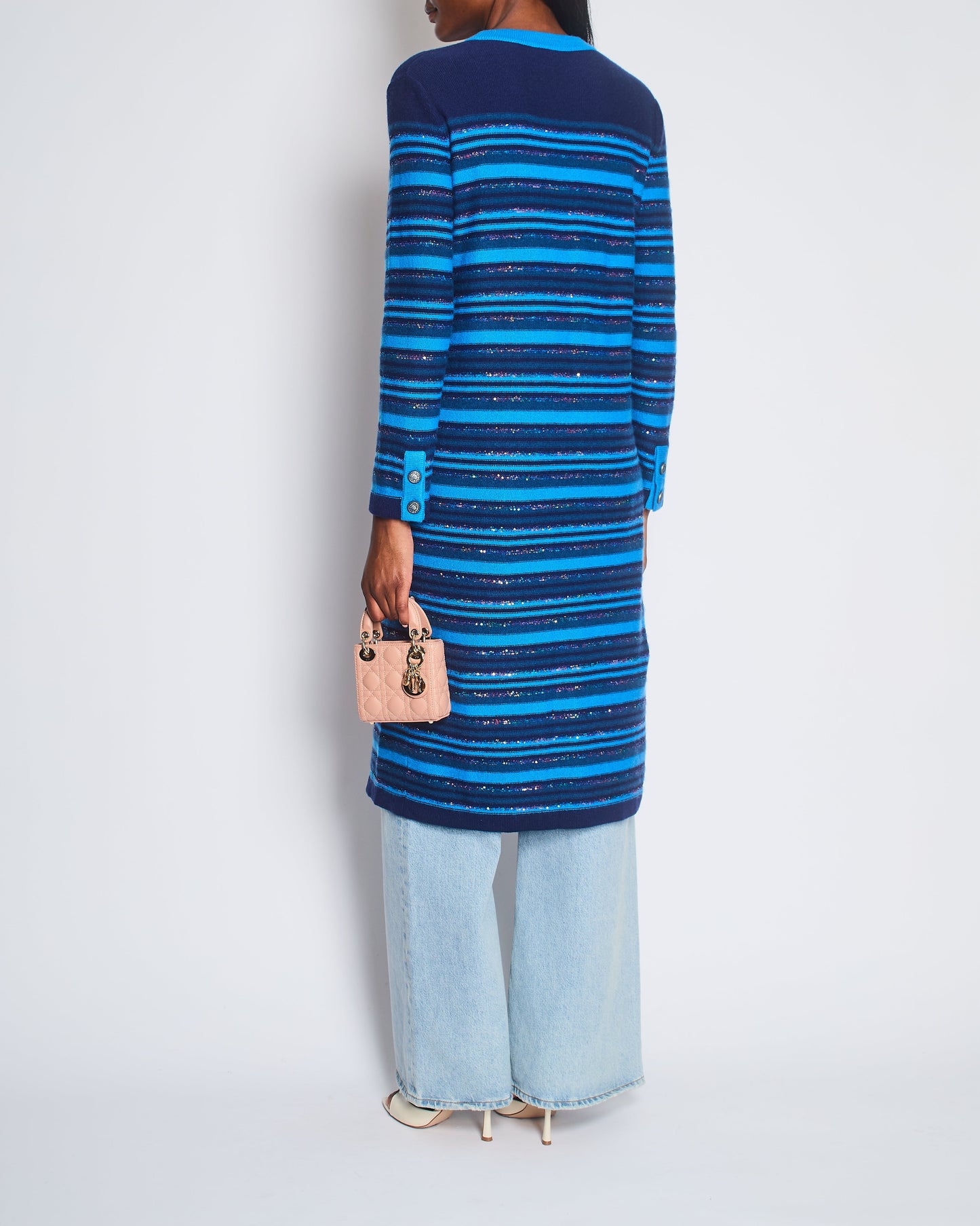 Chanel 20C Blue And Navy Cashmere Striped Long Cardigan With Multicolour Sequins Detail And Silver Camelia Cc Buttons Size Fr 36 (Uk 8) Bag