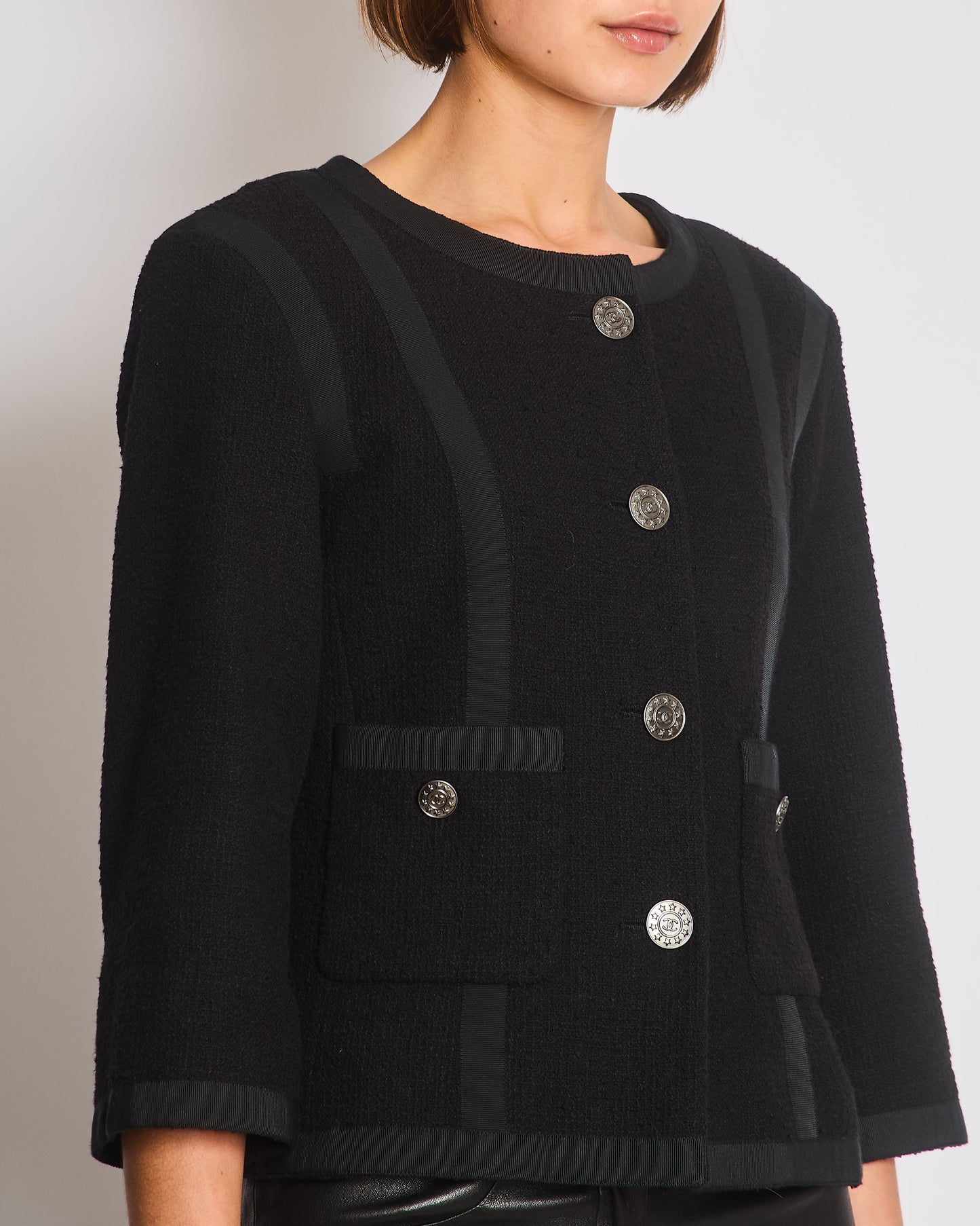 Chanel 13/P Black Tweed Jacket with Ribbed Fabric Trim Details and Silver CC Logo Star Buttons Size FR 38 (UK 10)