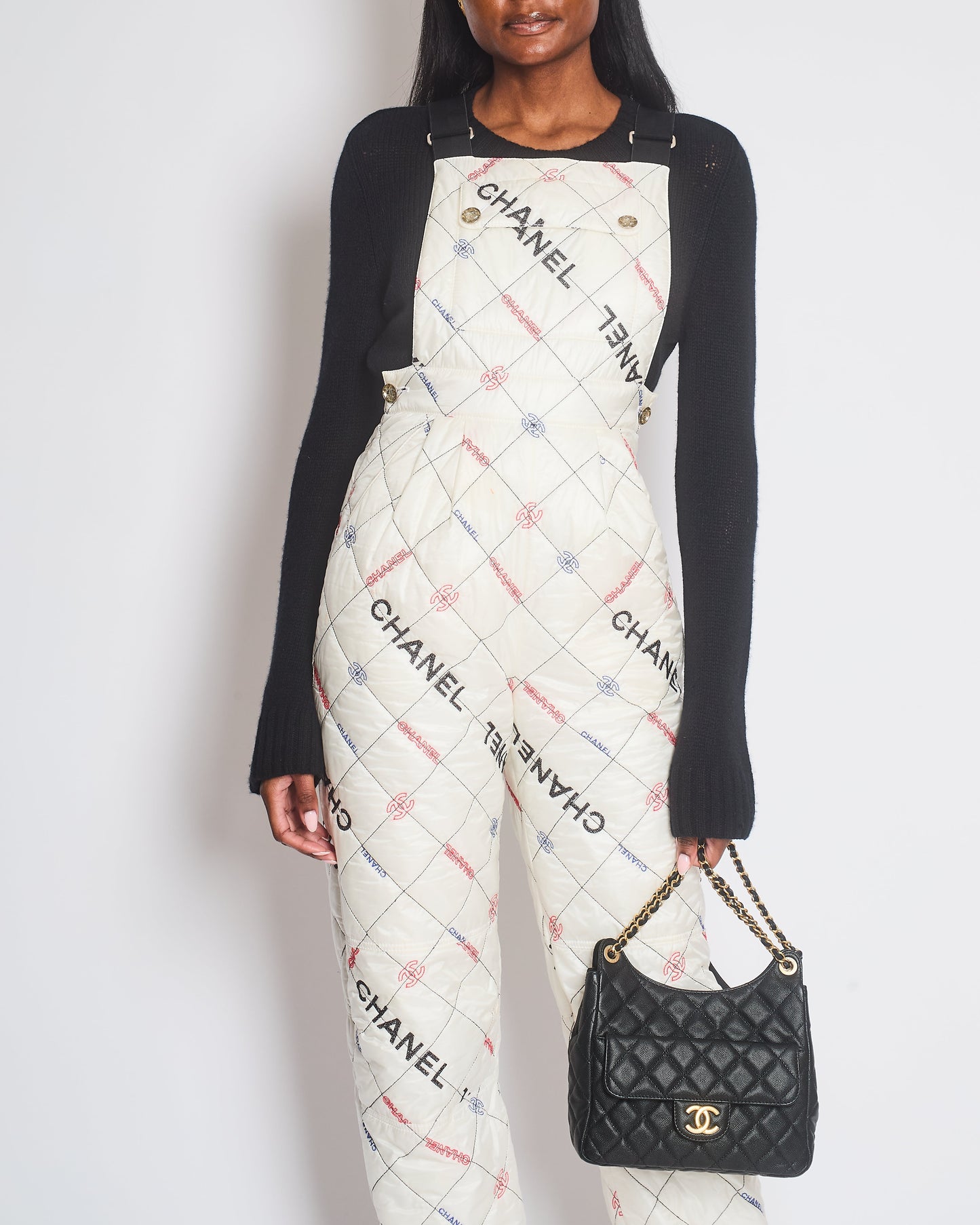 Chanel Fall White Quilted Ski Jumpsuit With Crystal Logo Details Size Fr 34 (Uk 6) Bag