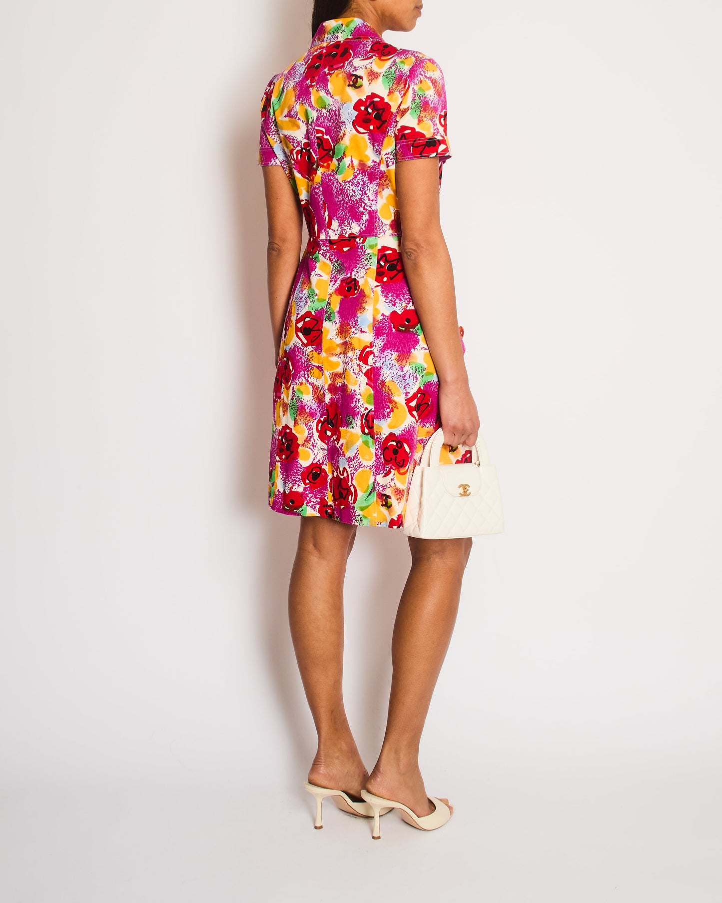 Chanel 97P Pink Multi-Colour Short Sleeved Mini Dress with Camelia Prints and Gold CC Buttons Size FR 40 (UK 12)
