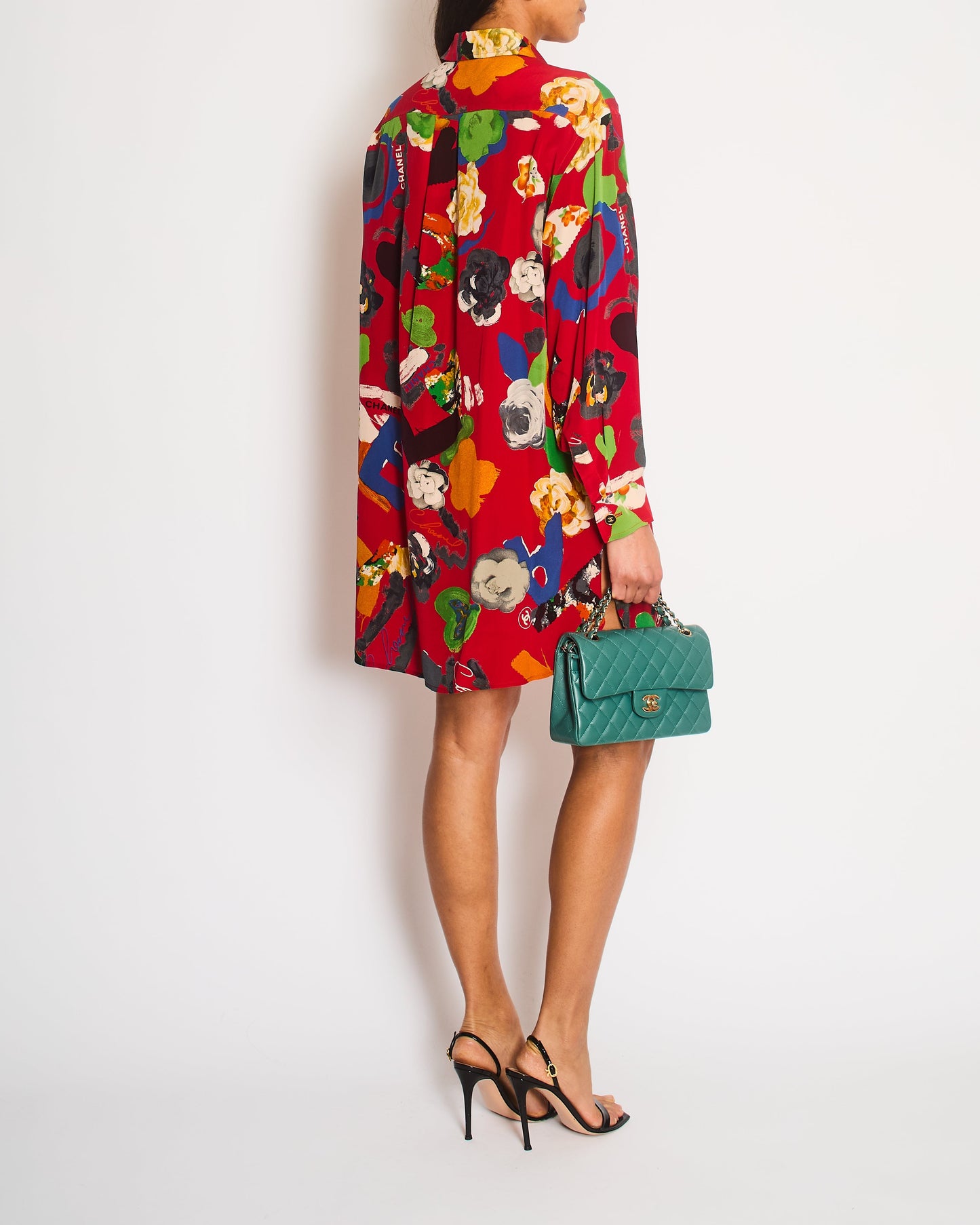 Chanel 92P Red Mini Shirt Dress with Multi-Colour Camelia and Logo Prints with Black and Gold CC Logo Buttons Details Size FR 38/40 (UK 10/12)