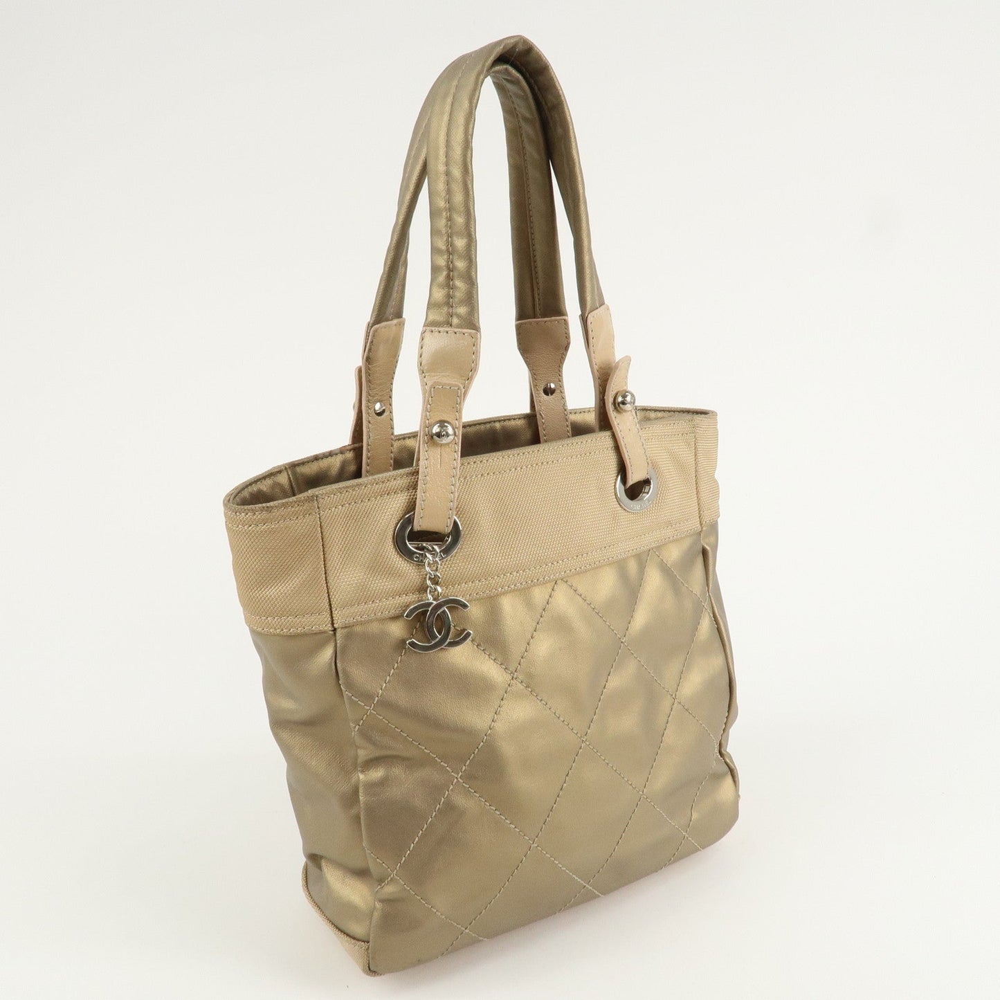CHANEL Paris Biarritz Coating Canvas Leather Tote Bag PM Gold