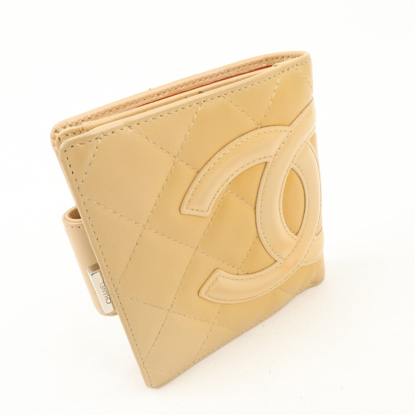CHANEL Cambon Line Patent Leather Bi-fold Wallet Beige A26720