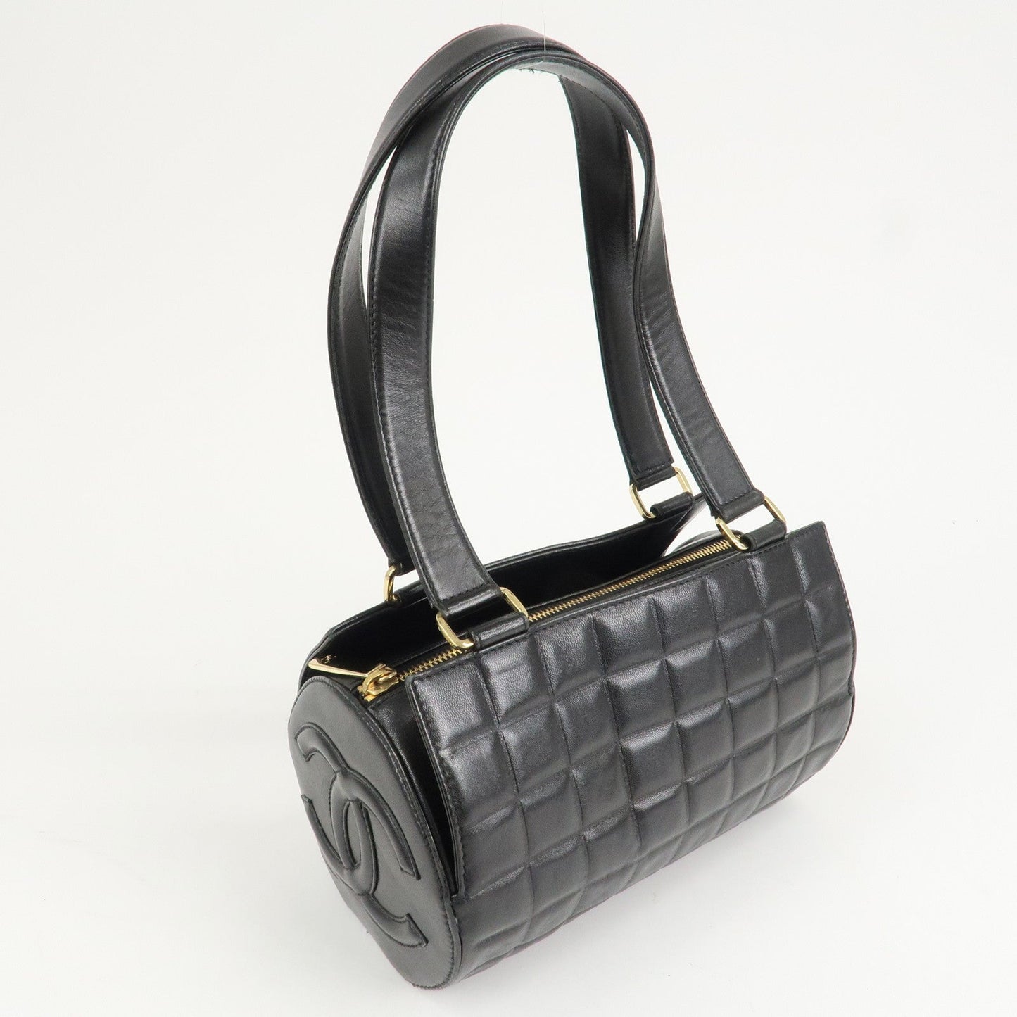 CHANEL Chocolate Bar Lamb Skin Mini Boston Bag Hand Bag Black