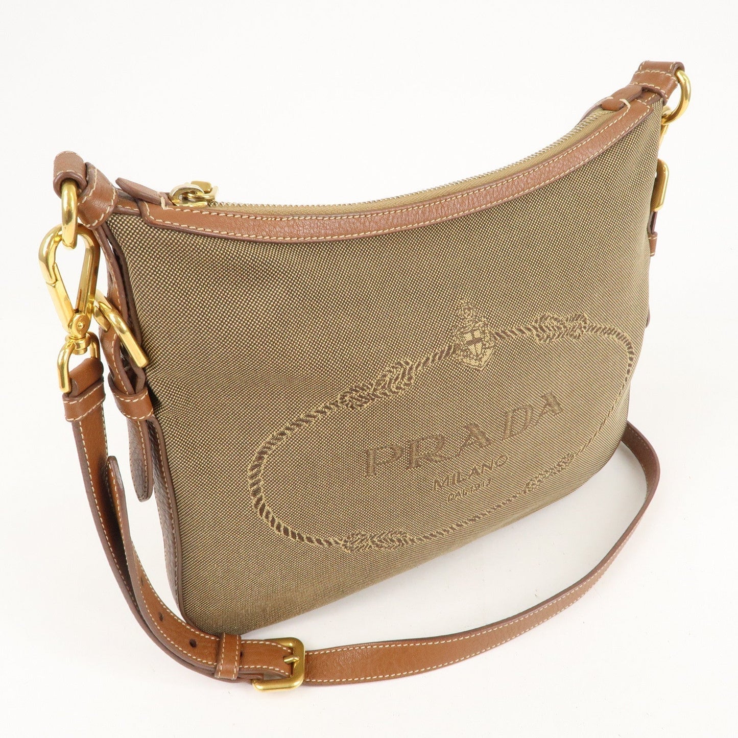 Prada Prada Logo Jacquard Leather Shoulder Bag Beige Brown Bt0706 36947 4