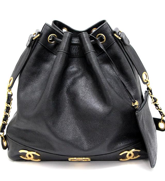 Chanel Triple CocoMark Drawstring Shoulder Bag Black Jewelry