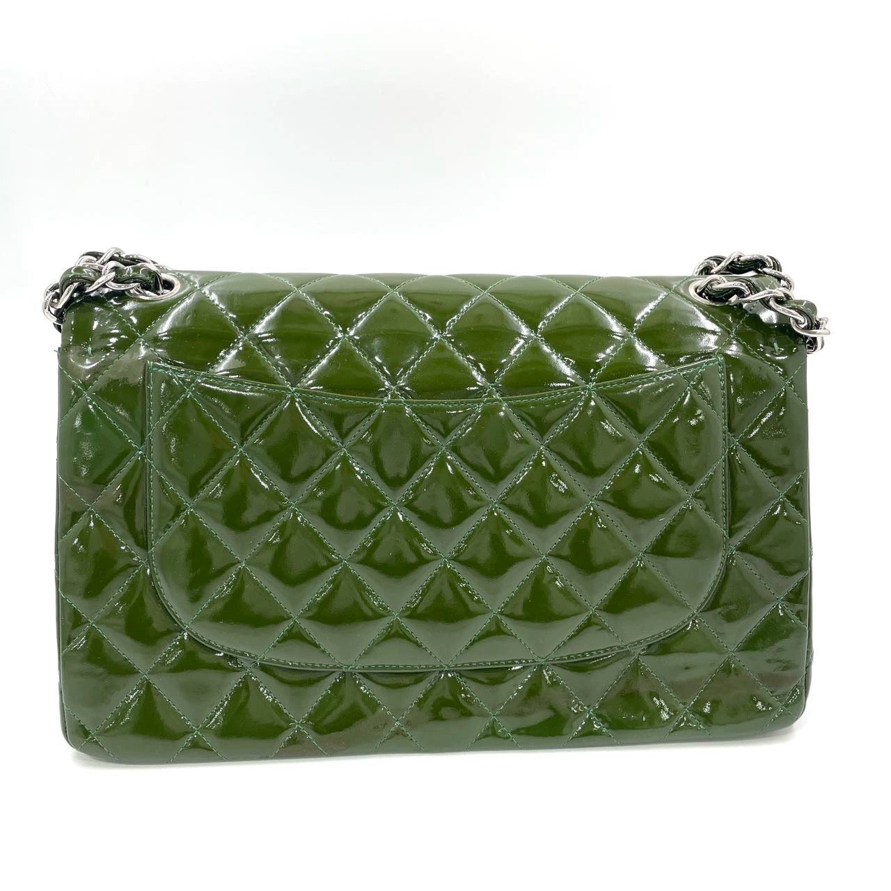 Chanel Classic Flap Jumbo Patent Hardware Green Silver Leather Handbag Silver Hardware