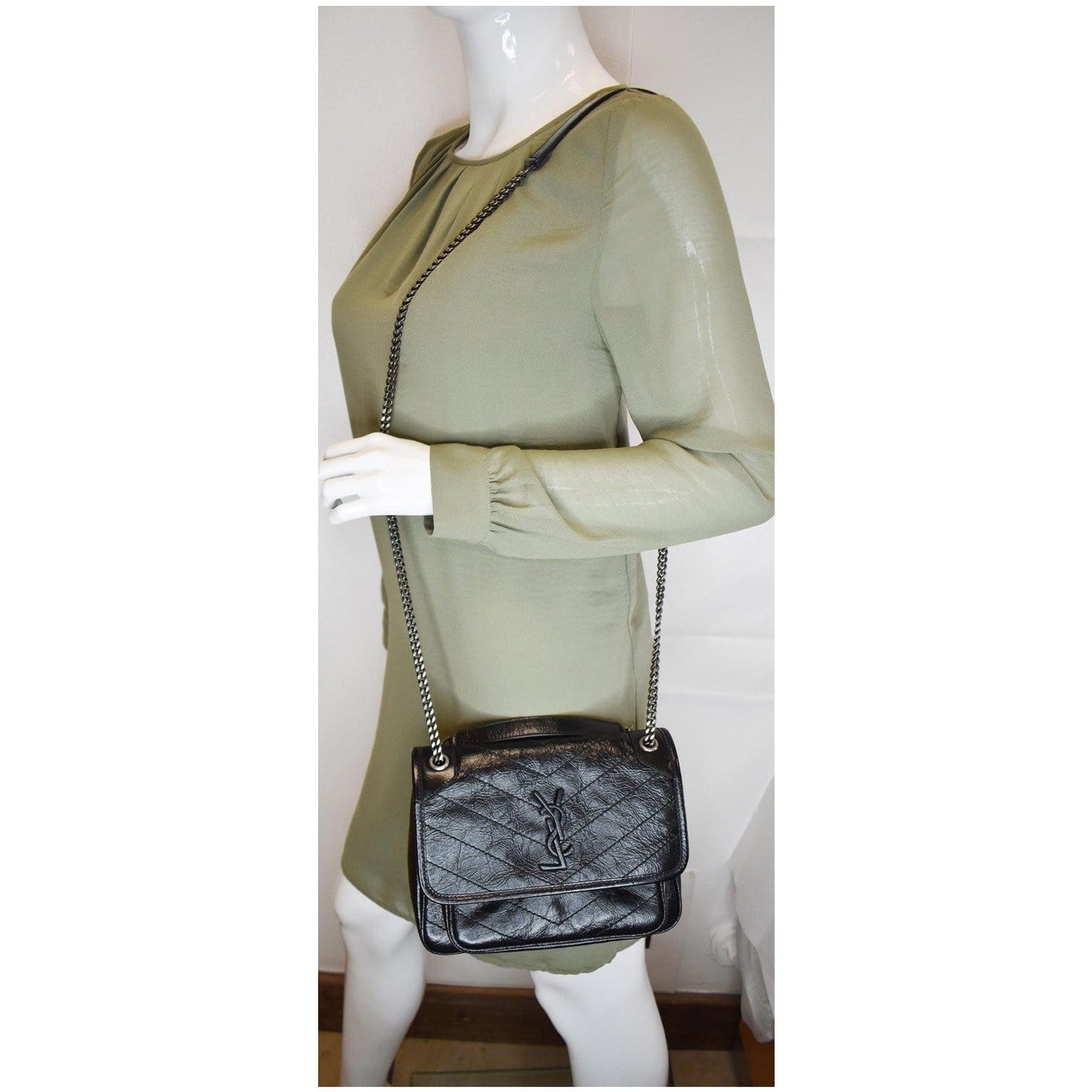 YSL Saint Laurent Yves Niki Crinkle Crossbody Bag Leather Black Baby