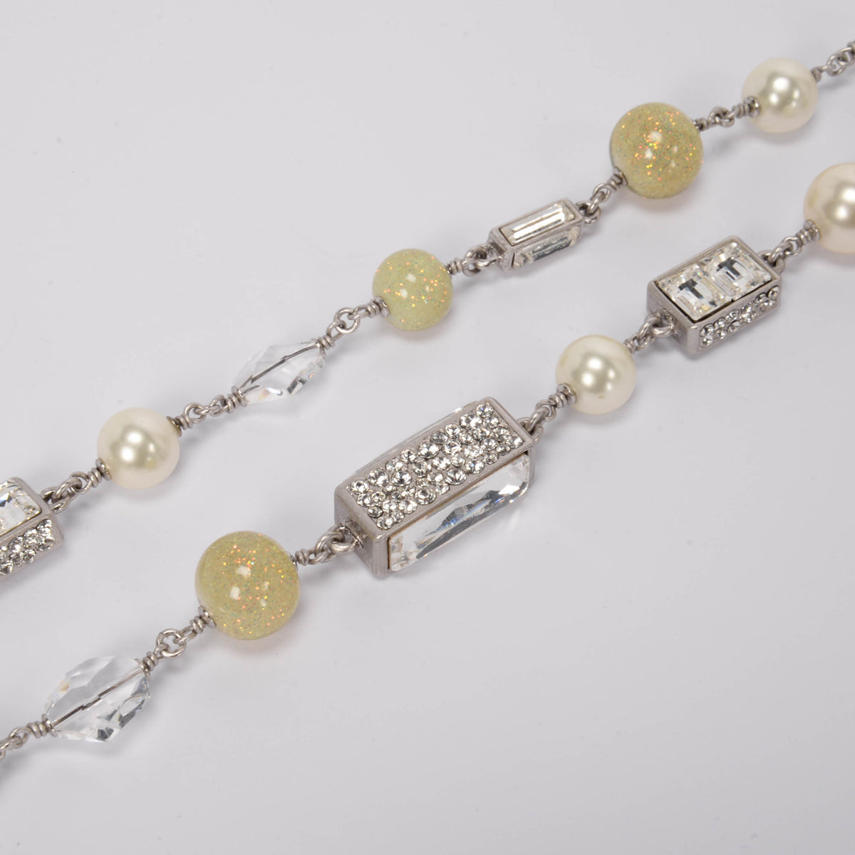Chanel Silver Baguette Crystal & Pearl Bow Necklace