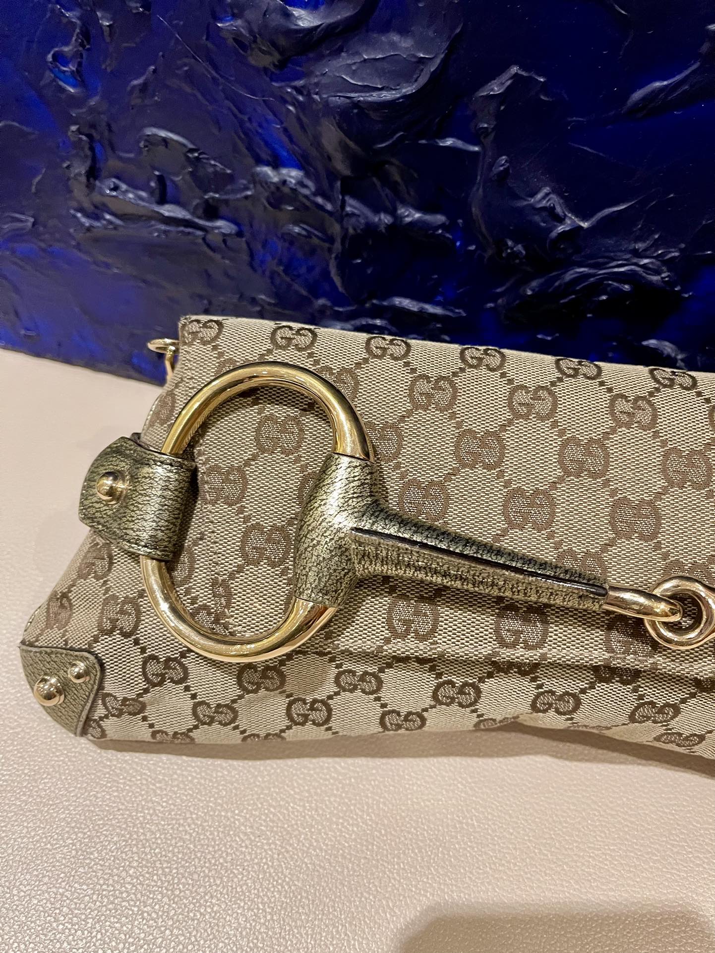 Gucci Horsebit Cloth Monogram Leather Beige Gold Shoulder Bag