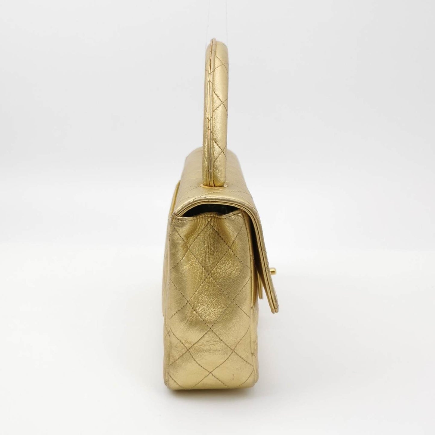 Chanel Classic Flap Kelly Top Handle Gold Leather Handbag